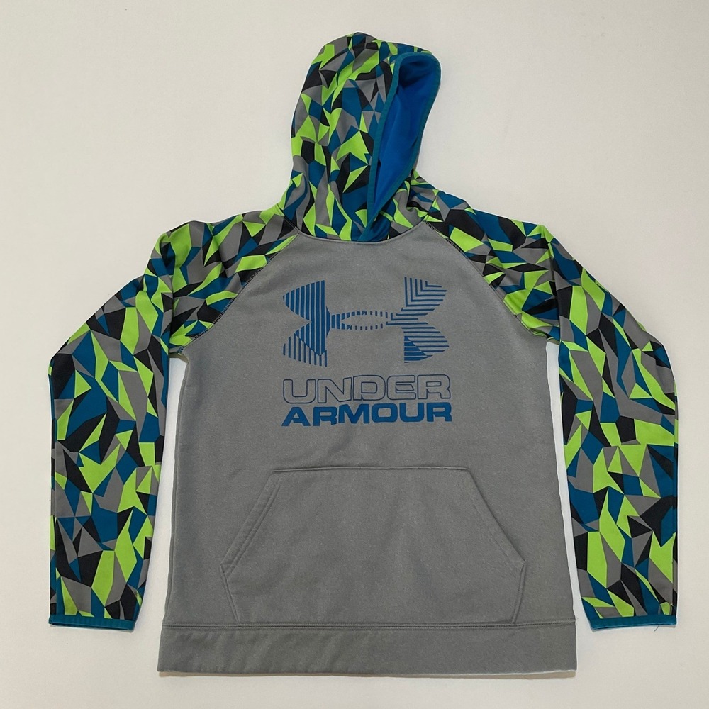 Under Armour Boys ColdGear Geometric Shard Hoodie Grey Neon Green Blue YLG